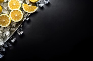 Lemon slices with ice cubes lying on black surface on the left side of the frame, banner with space for text, top view