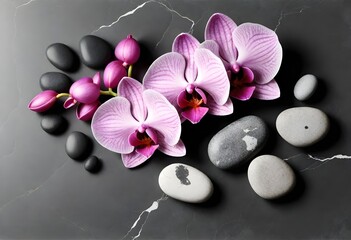 Several pink orchids with a mix of black, white, and grey stones on a dark textured surface