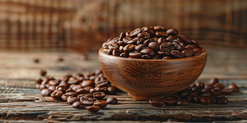  Wooden bowl with coffee beans and leaves on a wooden background with copy space for text, Generative AI
