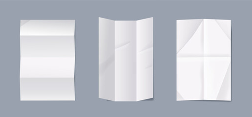 White Paper Sheet Mockups With Realistic Fold Marks, 3d Vector Vertical Pages with Textured, Authentic Appearance