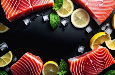 Raw red fish fillet with lemon slices, mint leaves and ice cubes around the perimeter of the frame lie on a black surface, banner with space for text, top view