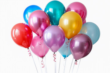 Multi colored helium balloons on white background.