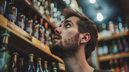 Engrossed male examining artisanal non-alcoholic beer selection, representing the conscious consumer movement among young adults - obrazy, fototapety, plakaty