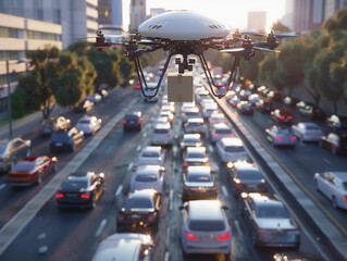 Autonomous drone hovers in the sky, delivering a package swiftly above a congested city street filled with cars stuck in a traffic jam, showcasing the efficiency of modern aerial delivery services 