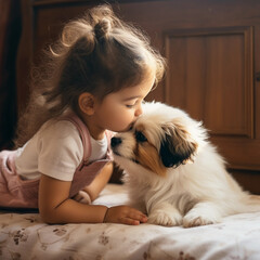 Baby kid kiss puppy dog in nose in living room at home. Friendship with domestic pet Job ID: 01d353eb-4f35-4720-8c12-ee248687c309