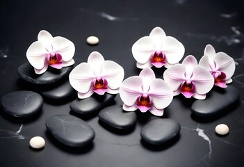 Fototapeta na wymiar Several pink orchids with a mix of black, white, and grey stones on a dark textured surface