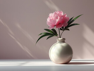 a simple ceramic vase holding a single perfect peony in full bloom