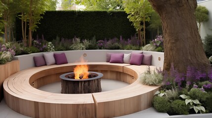 Incorporate a built-in bench with a fire pit as the centerpiece.
