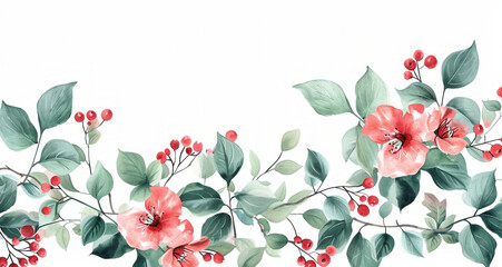 Vibrant Red Flowers and Fresh Green Leaves Watercolor Painting on White Background with Copy Space