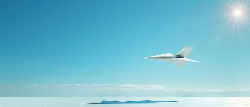 a clear blue sky with a single paper plane gliding smoothly