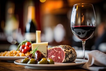 Table of Delicious Food and Wine with Ground Meat and Cheese - obrazy, fototapety, plakaty