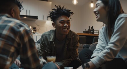 Youthful Asian male enjoying a lively discussion with diverse friends over mocktails in a contemporary home, highlighting inclusivity and alcohol-free trends - obrazy, fototapety, plakaty