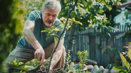 Fototapeta premium Middle-aged man tends to urban garden, merging personal growth with environmental stewardship during andropause