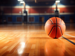 Basketball ball on the court with a hall background with space for text 