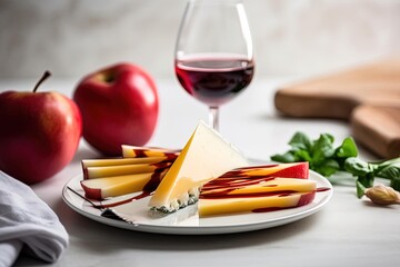 Wine and Cheese Plate with Red Apples and Fruit on White Plate