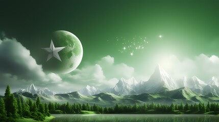 3d rendering of snow mountain with moon and stars in green background - obrazy, fototapety, plakaty