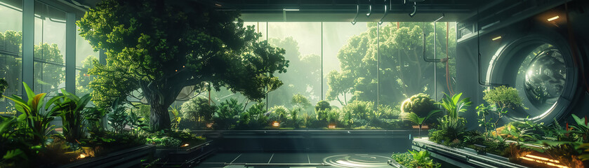 illustration of a futuristic arboretum where plants have bioluminescent qualities and thrive in a zero-gravity environment