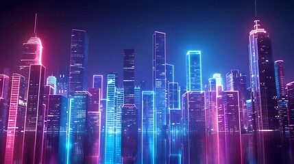 Futuristic Urban Skyline Radiating Vibrant Neon Glows at Night