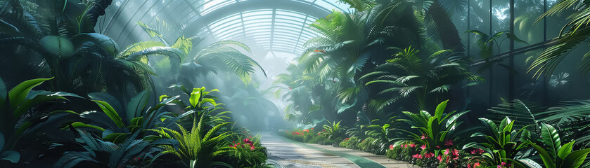 illustration of a futuristic arboretum where plants have bioluminescent qualities and thrive in a zero-gravity environment - obrazy, fototapety, plakaty
