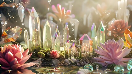 Enchanted Crystal Garden: A Dreamlike 3D Landscape of Gem-like Flora Sparkling in the Sunlight