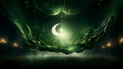 Waving flag of Pakistan on stage with spotlight. 3D rendering