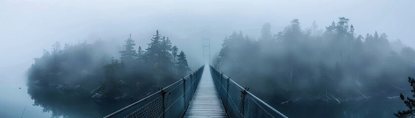 a lone suspension bridge in a foggy landscape - obrazy, fototapety, plakaty
