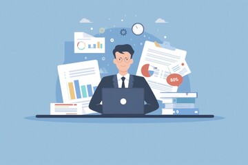 Fototapeta premium a businessman, financier, or accountant working with a laptop computer and documents, flat illustration