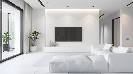Minimalist Living Room with Flatscreen TV in Sleek Modern Design Exuding Space and Purity