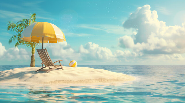 3d render of beach chair on the little sand island with yellow beach umbrella in blue background.