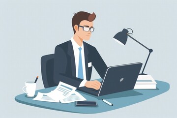 a businessman, financier, or accountant working with a laptop computer and documents, flat illustration