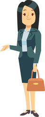 Business woman with suitcase going on meeting. Cartoon character