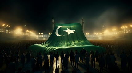 Large crowd of people and a large flag of the Islamic Republic of Pakistan in the middle of a road at night - obrazy, fototapety, plakaty