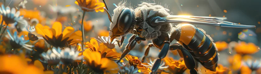 Wandcirkels tuinposter a detailed robotic bee pollinating digital flowers © DJSPIDA FOTO