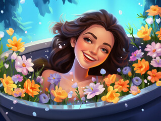 Beautiful happy smiling woman enjoying hot tub with flowers 