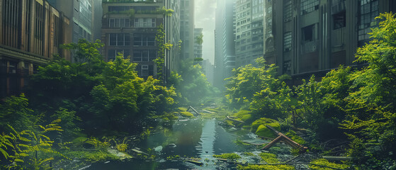 urban jungle scenes where nature has overtaken modern cities - obrazy, fototapety, plakaty