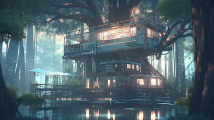 A Futuristic Treehouse with Sleek Modern Architecture nestled on a Giant Tree within Nature V2
