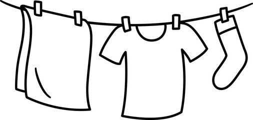Clothes hanging to dry on washing line, simple cartoon drawing. Black and white laundry doodle icon. Hand drawn illustration.