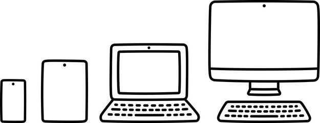 Set of electronic devices (smartphone, tablet, laptop and desktop computer). Hand drawn doodle icons, cute cartoon drawing. 