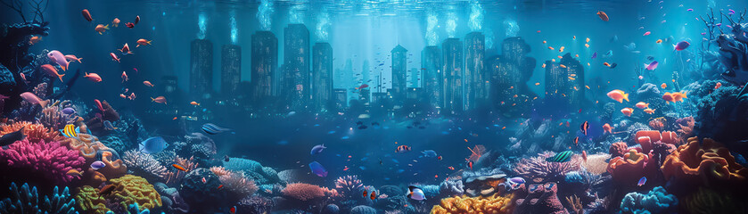 Bioluminescent underwater city with coral skyscrapers bustling aquatic life - obrazy, fototapety, plakaty