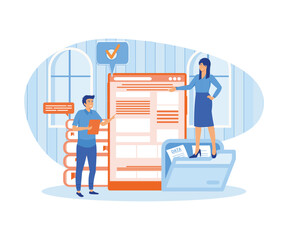 Online assistant Concept. Businessman personal assistant online service or platform. Worker answering calls and assisting with document. flat vector modern illustration - obrazy, fototapety, plakaty