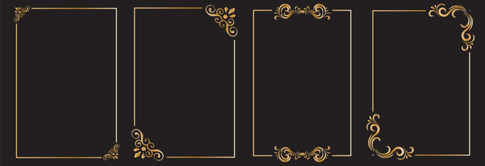 Gold floral ornament. Set of Decorative vintage frames and borders set. isolated on black background. Vector illustration. EPS 10