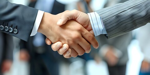 Successful professionals seal a deal with a handshake during a group meeting. Concept Business Etiquette, Professional Communication, Successful Negotiation, Business Agreement, Handshake Meeting - obrazy, fototapety, plakaty