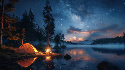 3D concept of a summer night camping scene with a glowing tent - obrazy, fototapety, plakaty