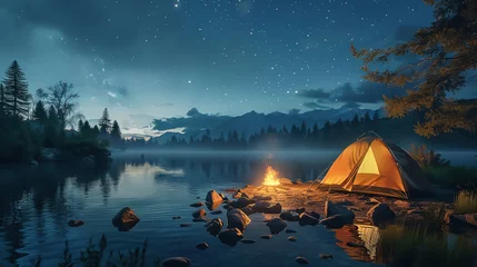 Deurstickers 3D concept of a summer night camping scene with a glowing tent © DJSPIDA FOTO