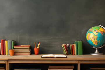 A classroom desk is neatly organized with colorful textbooks, writing utensils, and a globe, ready for an engaging learning experience.
