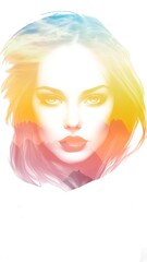Doppelt belichtetes weibliches Gesicht auf weißer Basis, Hintergrund für Design 2.