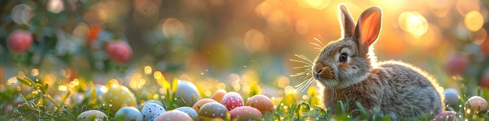 A brown Easter bunny with long ears stands on the green grass, next to colorful eggs in bright colors - obrazy, fototapety, plakaty