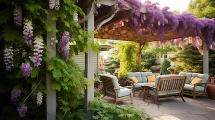 Fototapeta na wymiar Incorporate a pergola with climbing vines for shade and beauty.