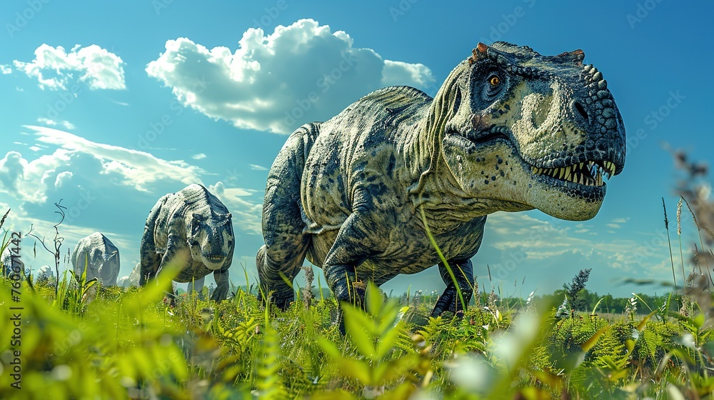 Wall mural Dinosaurs in the Triassic period age in the green grass land and blue sky background, Habitat of dinosaur, history of world concept - Wall murals