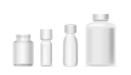 Set Of 3d Vector Drug Bottles Mockup, Featuring Realistic Pharmaceutical Packaging Designs. Isolated White Blank Flasks